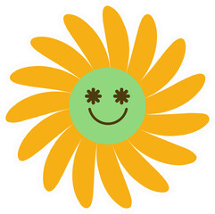 Daisy groovy flower. Smiling retro floral face. Y2k simple design. Cartoon chamomile character.