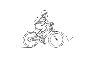 Single one line drawing happy girl riding a bike with helmet. World bicycle day concept. Continuous line draw design graphic vector illustration.
