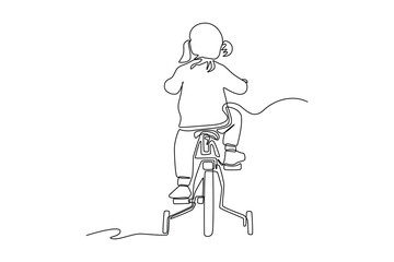 Single one line drawing happy girl riding a bike with helmet. World bicycle day concept. Continuous line draw design graphic vector illustration.