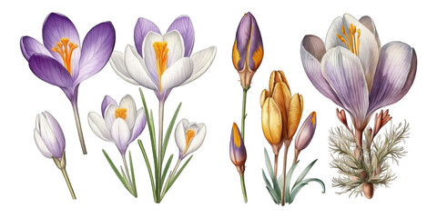 Set of Crocus flower watercolor elements on transparent background