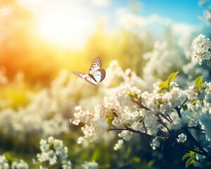 Lots of white spring flowers and butterflies on a sunny day. Generative Ki. 