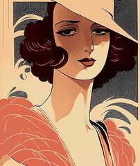 Portrait of elegant woman, Art Deco style illustration. AI generated image.	