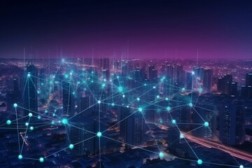 Fototapeta premium City of the future. Smart city and abstract line and dot connect with gradient line design , big data connection technology concept. Generative AI