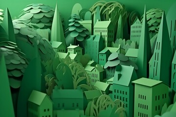 Green eco friendly cityscape. Paper art. Generative AI