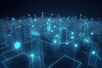Obraz premium City of the future. Smart city and abstract line and dot connect with gradient line design , big data connection technology concept. Generative AI