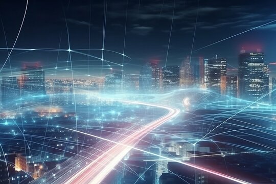 City of the future. Smart city and abstract line and dot connect with gradient line design , big data connection technology concept. Generative AI