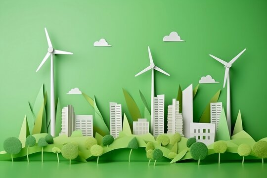 Green eco friendly cityscape and Green industry background. Paper art. Generative AI