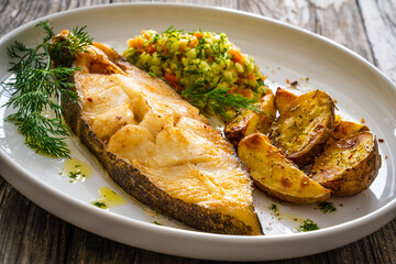 Fish dish - fried halibut with baked potatoes and cabbage salad on wooden table - obrazy, fototapety, plakaty