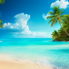 Fototapeta na wymiar sunny beach with palm trees and calm ocean 