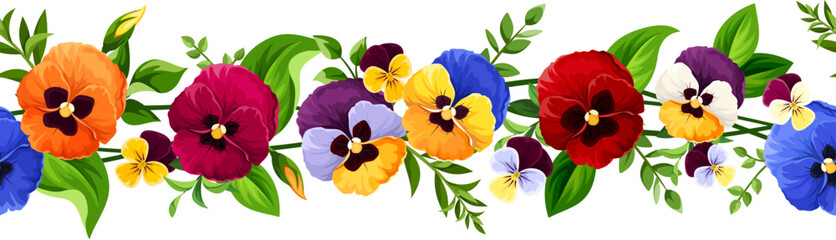 Horizontal seamless border with red, orange, yellow, blue, and purple pansy flowers. Vector illustration