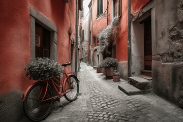 Black and white photo of an old town with red vintage bicycle, edited with color key effect. Generative AI