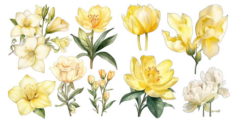 Set of yellow flower watercolor elements on transparent background