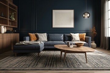 Sophisticated living room with blue accent wall, gray sectional, wood coffee table, and contemporary rug. Generative AI