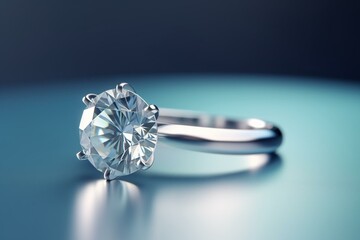 3D rendered round solitaire diamond ring on light blue background. Generative AI