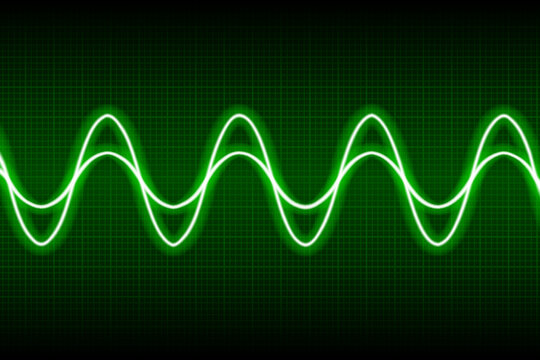 Abstract neon green cosine curve pattern on dark oscilloscope digital screen. Electric ac waves oscillating. Digital equalizer. Scientific experiment. Seamless vector graphic