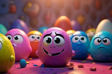 Adorable Easter egg characters on a colorful cartoon background. Generative AI