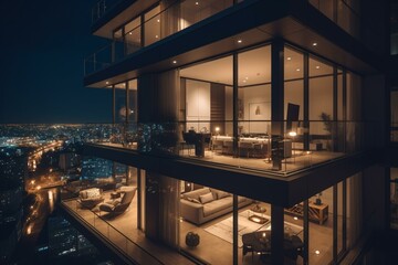 Luxury high-rise condo penthouse at night. Generative AI - obrazy, fototapety, plakaty