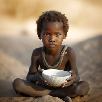 Afrikanisches Kind sitzt mit einer leeren Schüssel auf dem Boden - Generative AI
