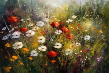 Obraz na płótnie Canvas Summer meadow flowers chamomiles and poppies in oil painting style, ai generative