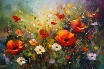 Obraz na płótnie Canvas Summer meadow flowers chamomiles and poppies in oil painting style, ai generative