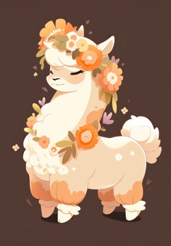 Cute llama with flowers wreath and floral decor. Generative AI illustration