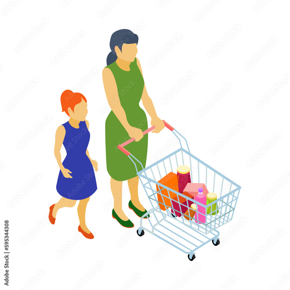 Poster Isometric Family In Supermarket