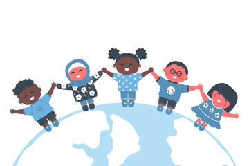 Children stand on the globe. Multicultural group of kids holding hands. Happy baby girls and baby boys. Vector illustration