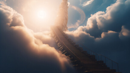 Stairway to heaven. generative ai. Stairway through the clouds to the heavenly light. Generative AI.