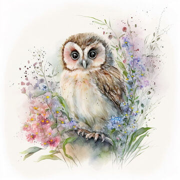 Watercolor baby owl on white background in flowers. Generative AI