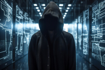 Fototapeta premium Safeguard against cyber attacks by a faceless hacker in a dark hoodie with advanced cybersecurity measures and proactive monitoring