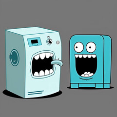 Funny cartoon mascot washing machine yelling at a toaster