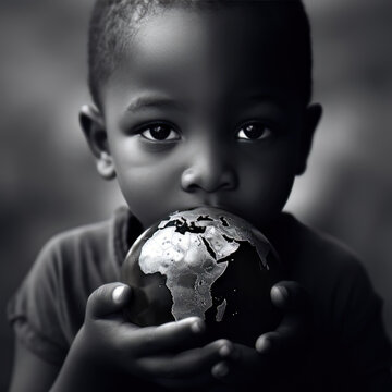 Kleines, afrikanisches Kind mit Weltkugel in den Händen - Generative AI