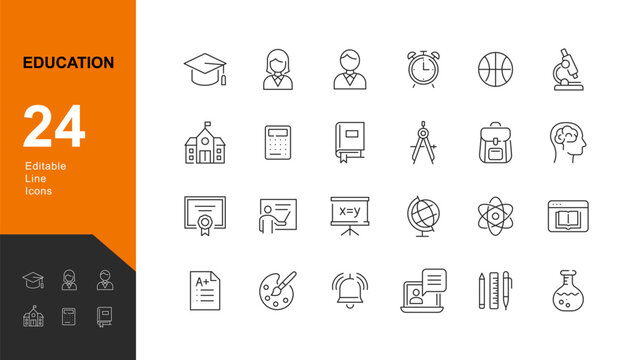 Education Line Editable Icons set. Vector illustration in modern thin line style of school icons: school subjects, supplies, science, and online learning. Pictograms and infographics for mobile apps.