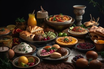 Fototapeta na wymiar Assorted Jewish and Middle Eastern dishes symbolizing Israeli cuisine. Generative AI