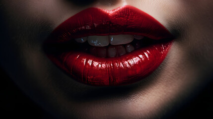 Fototapeta premium closeup on woman's mouth with red lipstick, generated by ai