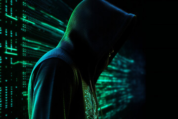 Faceless hacker in the dark hoodie: advanced cybersecurity for preventing data breaches and cyber attacks