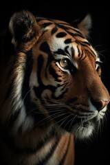 Fototapeta premium Portrait of a tiger with a black background, cinematic lighting AI concept