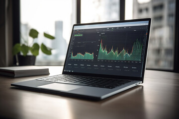 Fototapeta premium Laptop data visualisation, data visualization, big data, charts, analytical data visual, trading graphs, trending markets, technology information, laptop in office with data display. Generative AI