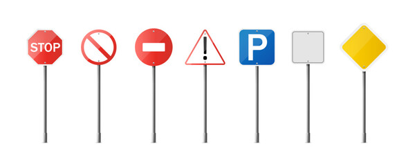 Set of realistic road signs. Isolated on transparent background.