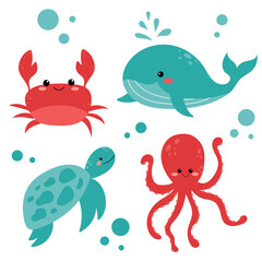 Fototapeta na wymiar Cartoon sea animals. Tropical ocean animals, funny turtle, whale, crab and octopus. Cute whale, octopus, turtle and crab, sea creature. Bright underwater vector characters