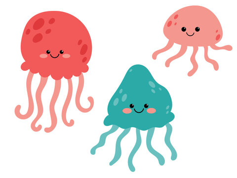 Cartoon sea animals. Tropical ocean animals, funny and cute jellyfish. Cute jellyfish, sea creature. Bright underwater vector characters