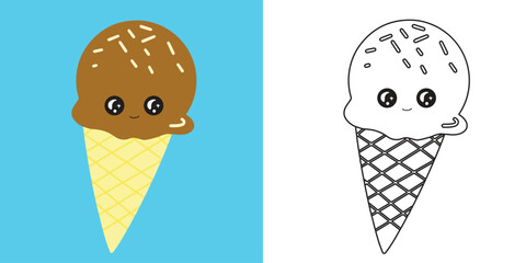 Coloring page chocolate ice cream cone. Coloring book for children. Educational children game, ice cream drawing kids activity, printable sheet. Colouring Ice cream the yummy summer snacks