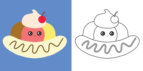 Coloring page banana split ice cream. Coloring book for children. Educational children game, ice cream drawing kids activity, printable sheet. Colouring Ice cream the yummy summer snacks