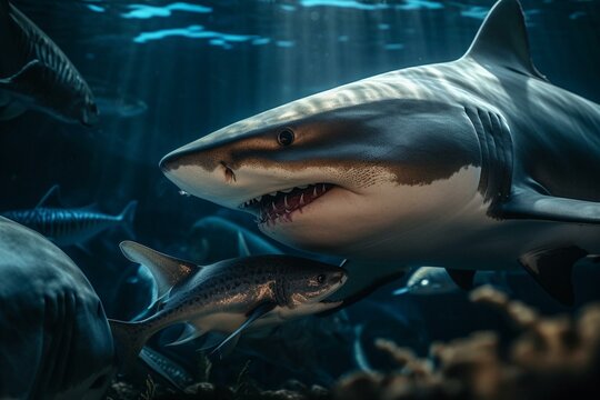 Affection Between Animal Parents And Offspring Showcased Through Shark Mother Love In High Definition. Generative AI