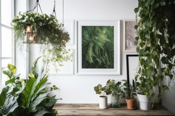 Fototapeta na wymiar Poster frame with green plants on white wooden wall background. Generative AI
