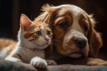 Ginger Kitten And Tricolor Puppy Doze Comfortably. Generative AI
