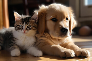 Golden Puppy And Calico Kitten Doze Off. Generative AI
