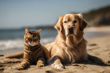 Golden Retriever Dog And Tabby Cat Lounge On Sunny Beach. Generative AI