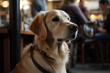 Golden Retriever Guide Dog Sitting Attentively Beside Its Owner In Caf. Generative AI