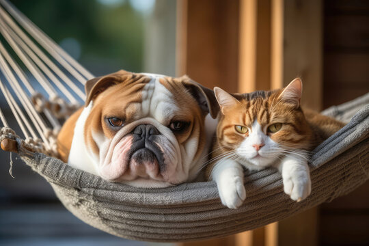Bulldog And Scottish Fold Cat Relax In Hammock. Generative AI